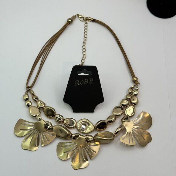 C 1946 Signed Gold Tone Gingko Leaves and‎ Round Beads Necklace Leather Cord - Picture 6 of 12
